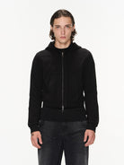 BLINDNOPLAN Cropped Zip Up Hoodie with Structured Trim in Black - On Male Model