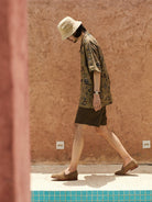 USAGE Cowboy Print Cotton Hawaiian Shirt in Beige - On Male Model