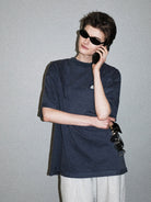 MASONPRINCE Exposed Seam Tape Print T Shirt in Navy Blue - On Model
