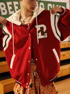 BEERBRO Detachable Hood Varsity Jacket in Red - On Female Model