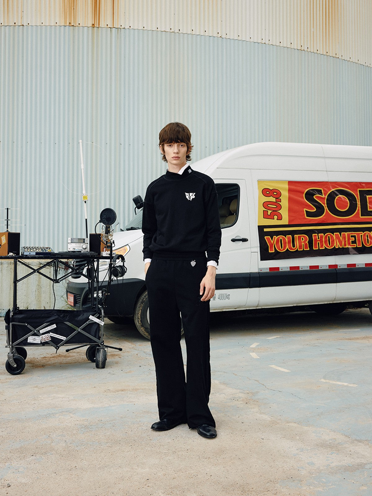 SOD Embroidered Mock Neck Top in Black - On Male Model