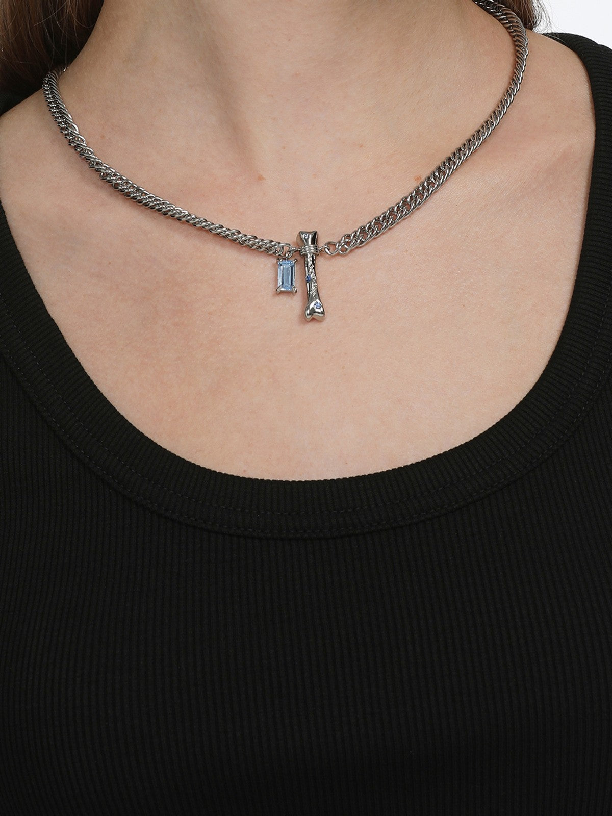 BLACKHEAD Blue Rhinestone Bone Necklace in Silver - On Female Model