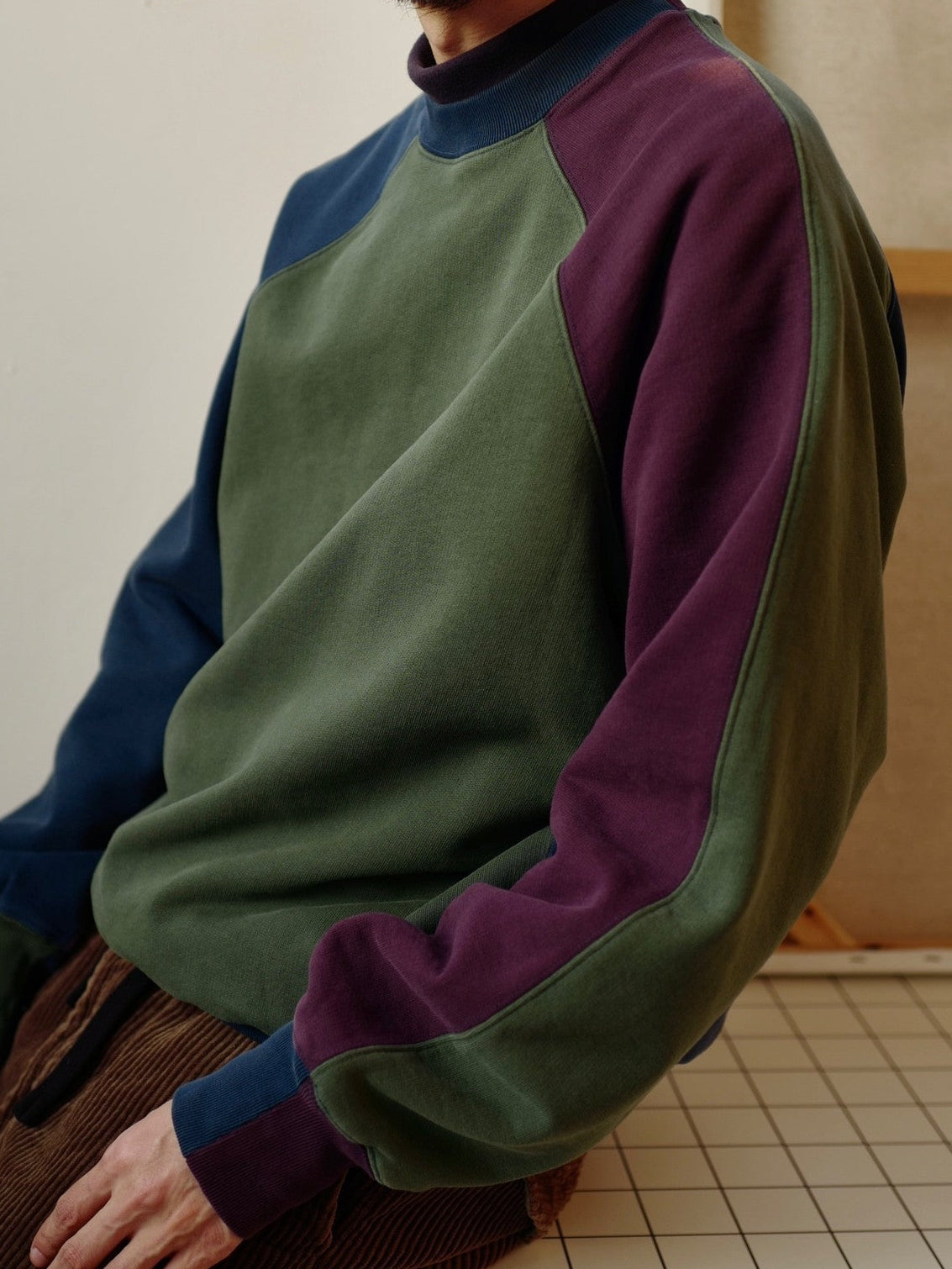 USAGE Colorblock Raglan Cotton Sweatshirt in Green - On Male Model