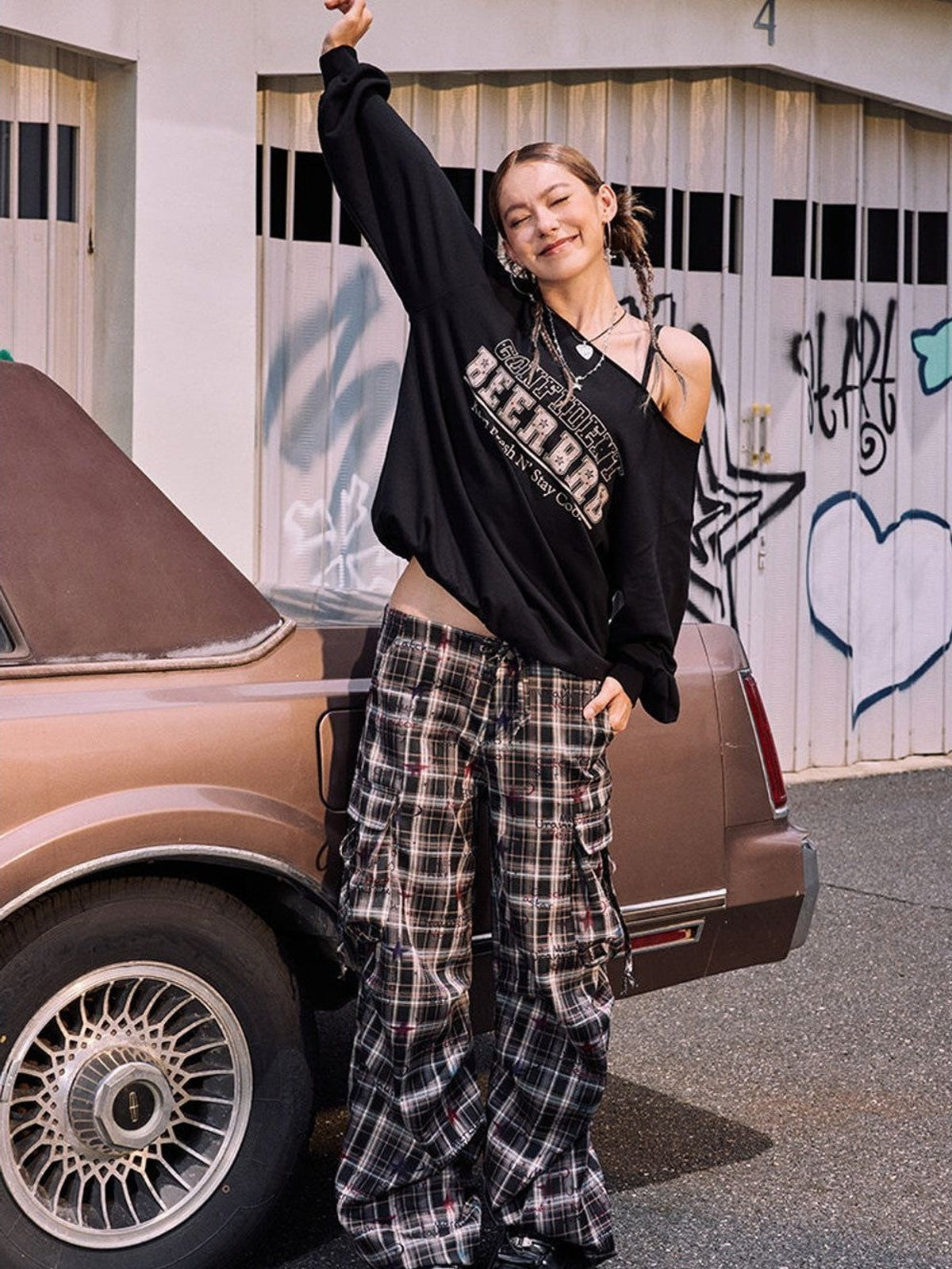 BeerBro Graffiti Plaid Strap Cargo Pants in Sky Blue - On Female Model