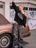 BeerBro Graffiti Plaid Strap Cargo Pants in Sky Blue - On Female Model