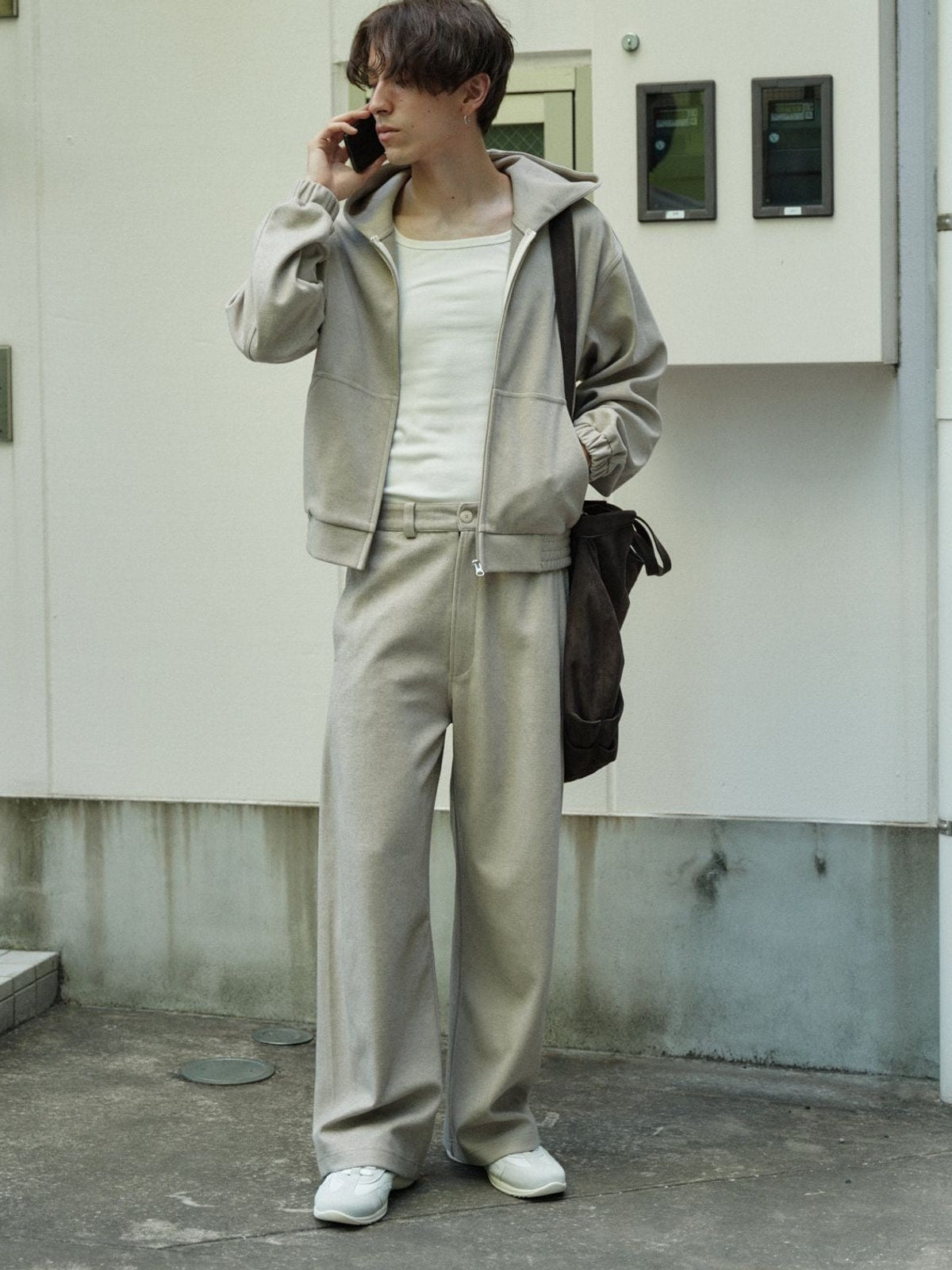 Retro 21 Brushed Curved Leg Pants in Beige - On Male Model