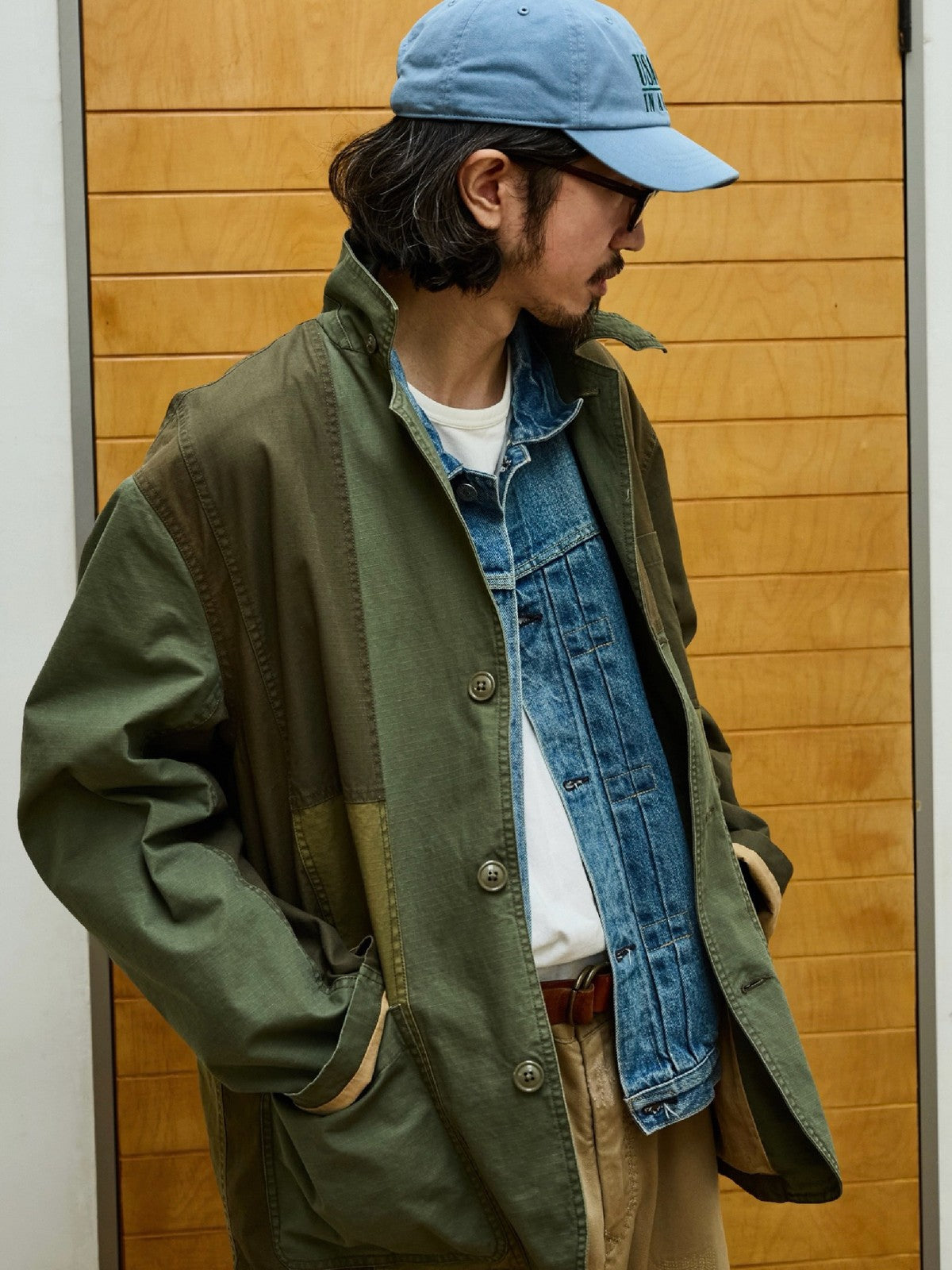 USAGE Cotton Ripstop Patchwork Blazer in Green - On Male Model