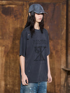 BLINDNOPLAN Distressed Washed Graphic Cotton T Shirt in Gray - On Female Model
