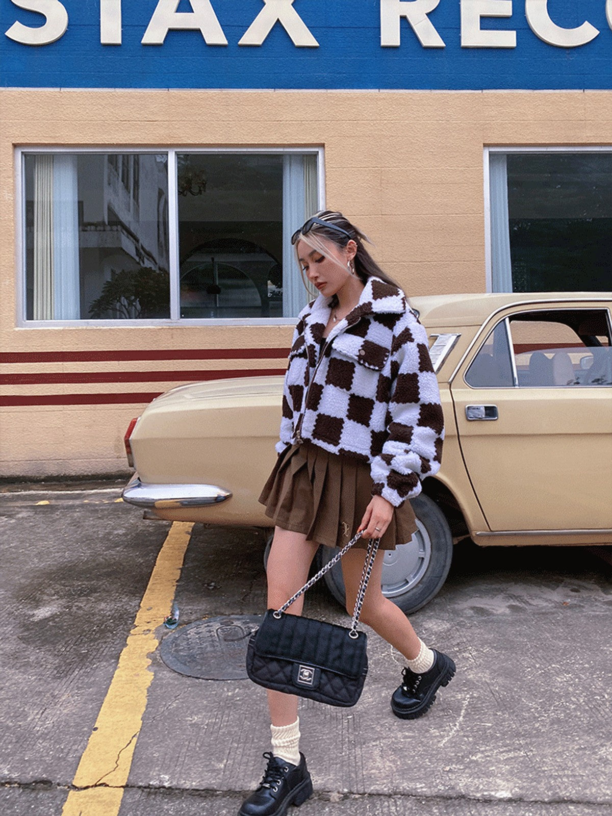 BEERBRO Checkerboard Cropped Jacket in White - On Female Model