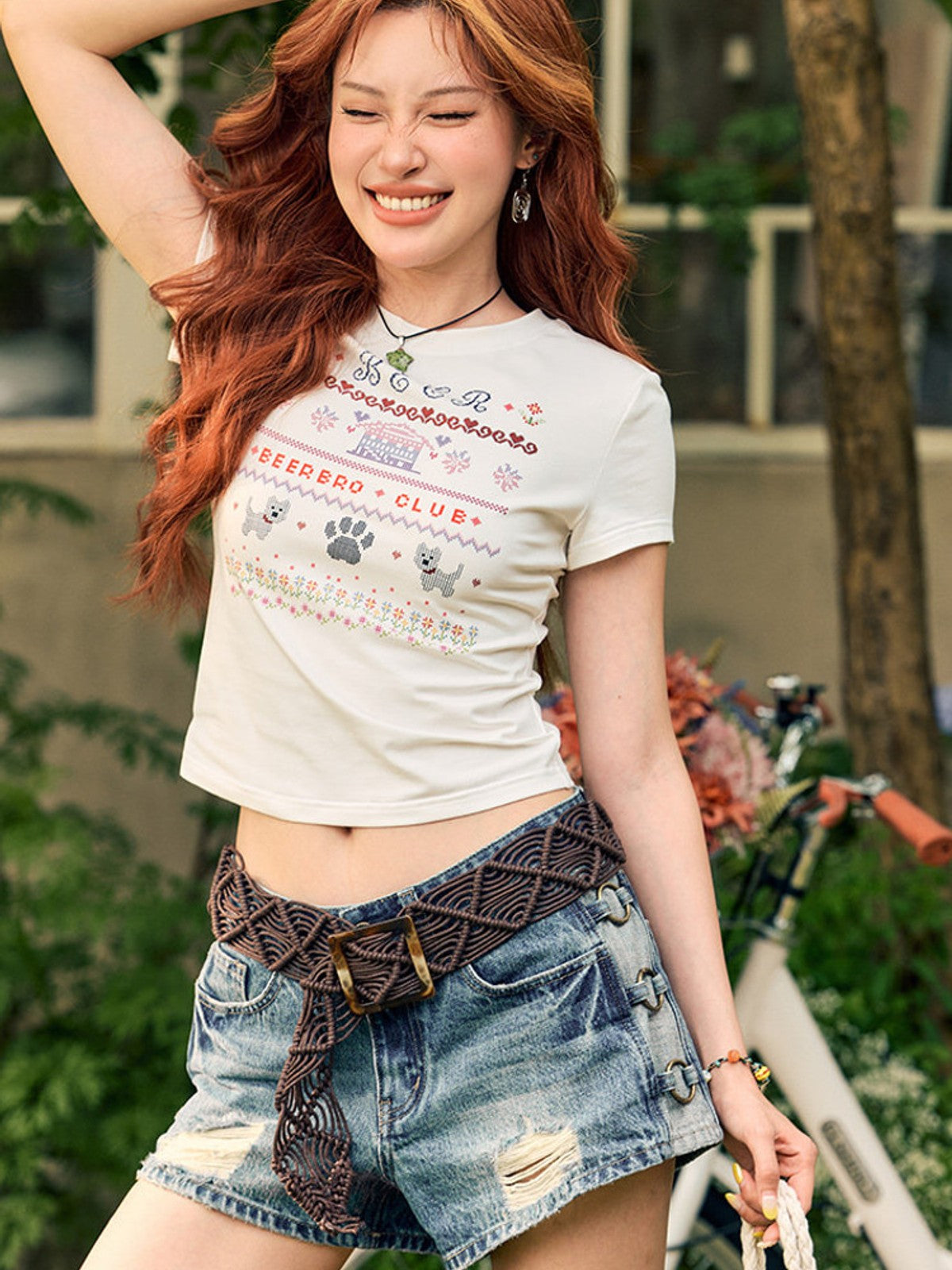 BEERBRO Mosaic Puppy Graphic Baby Tee in White - On Female Model