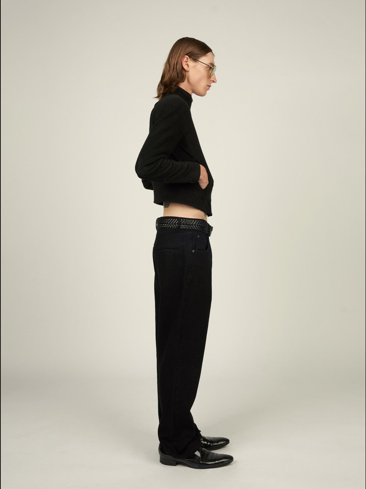 FaxCopyExpress Detachable Pad Cropped Fleece Jacket in Black - On Model