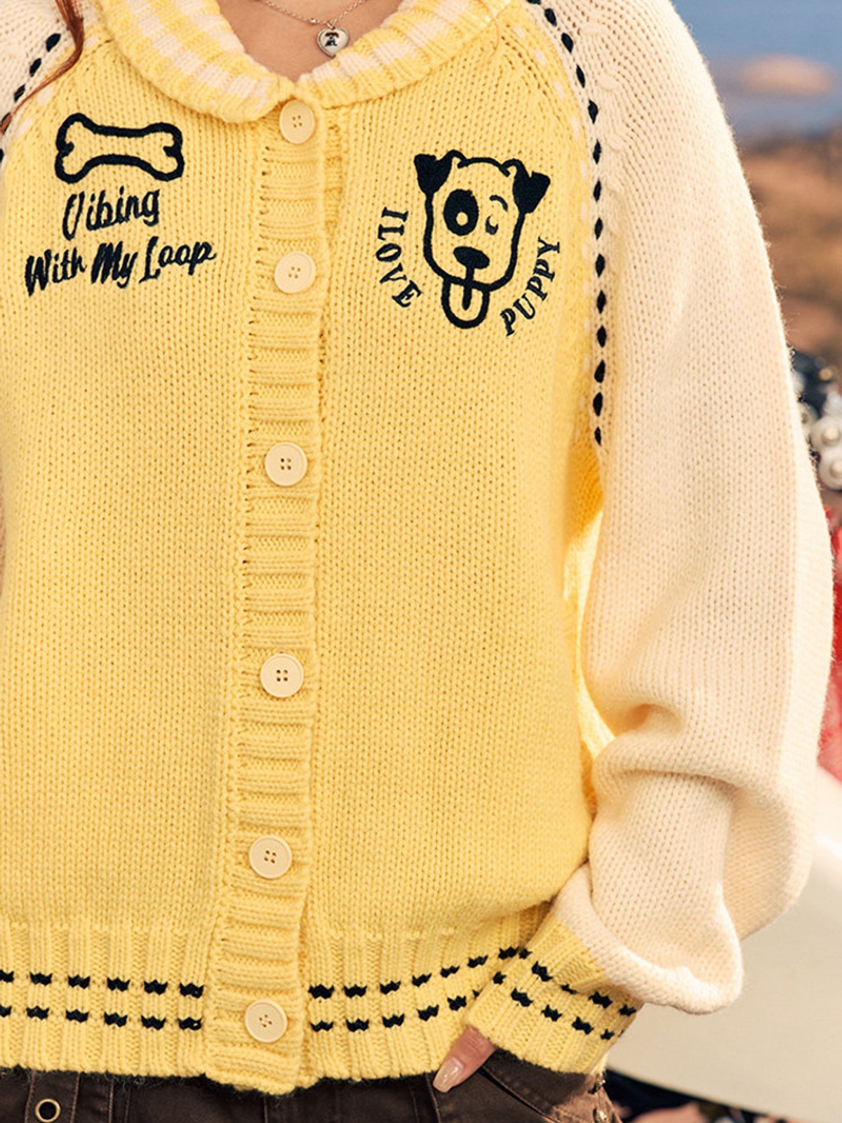 BEERBRO Dog Motif Wool Cardigan in Yellow - On Female Model