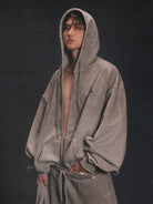 MASONPRINCE Distressed Painted Zip Up Hoodie in Gray - On Male Model
