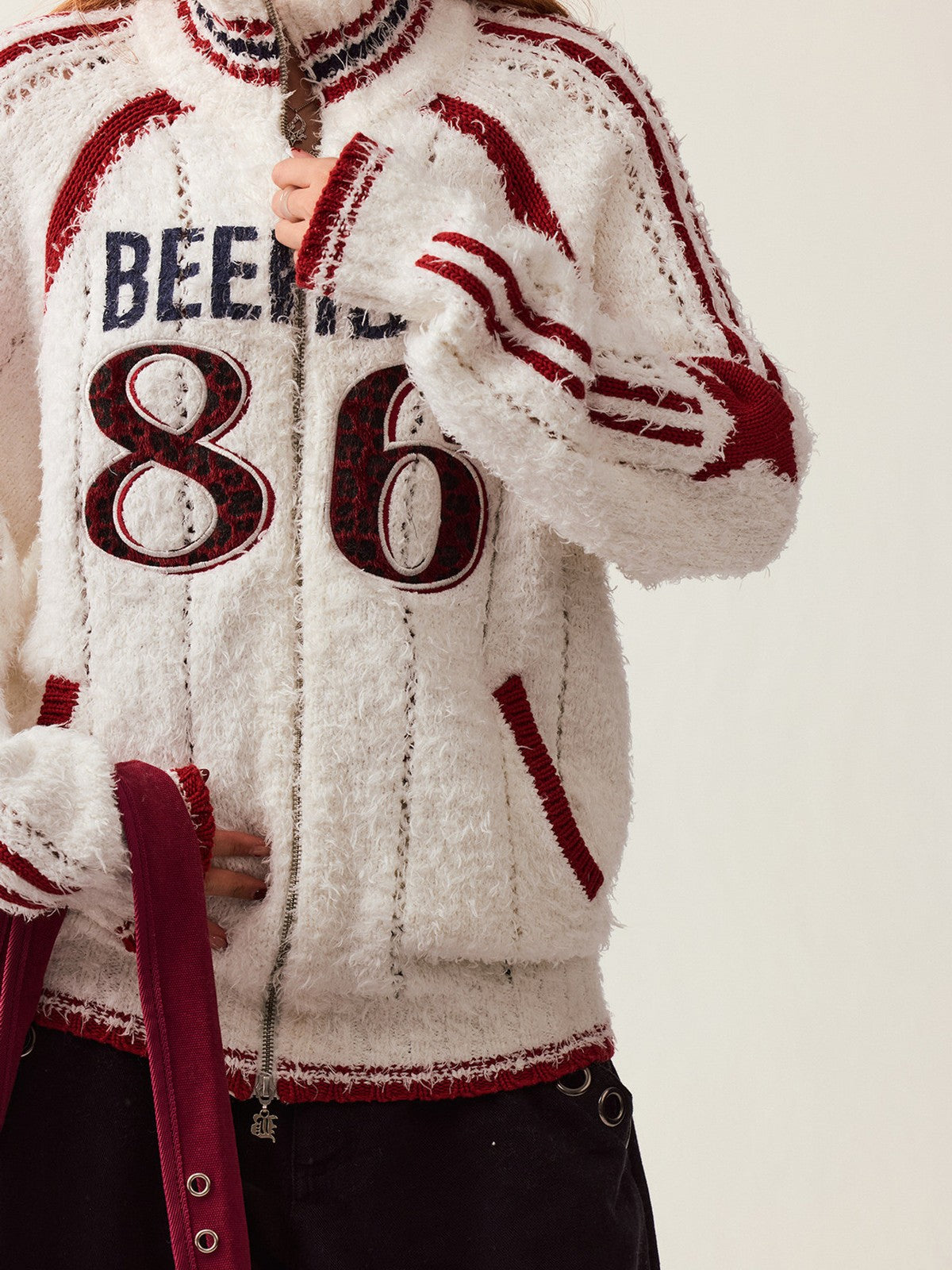 BEERBRO Varsity Patch Zip Up Cardigan in Off-White - On Female Model