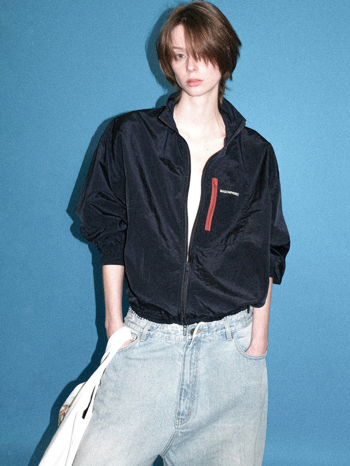 MASONPRINCE Lightweight Tonal Check Nylon Jacket in Navy Blue - On Female Model