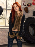 BEERBRO Faux Fur Trim Ribbed Cardigan in Black - On Female Model