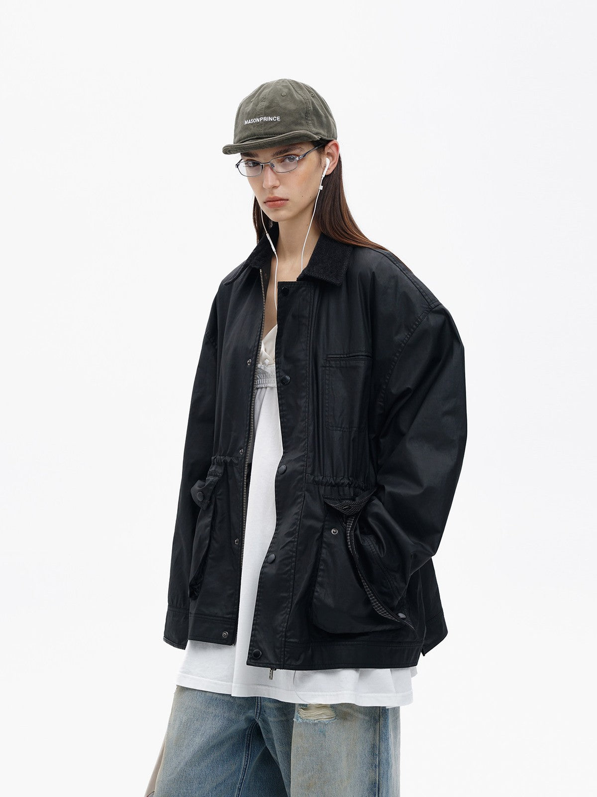 MASONPRINCE Waxed Cotton Barn Jacket in Black - On Female Model