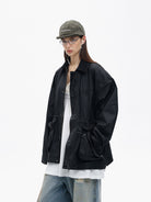 MASONPRINCE Waxed Cotton Barn Jacket in Black - On Female Model