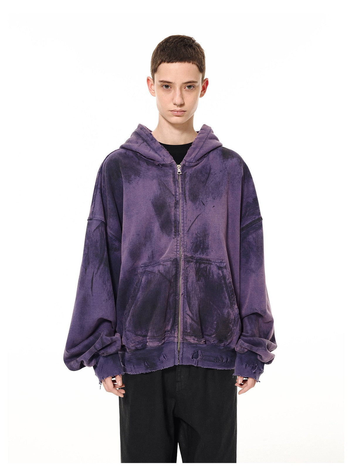UNKNOWNWORLD Mud Dyed Zip Up Hoodie in Purple - On Model