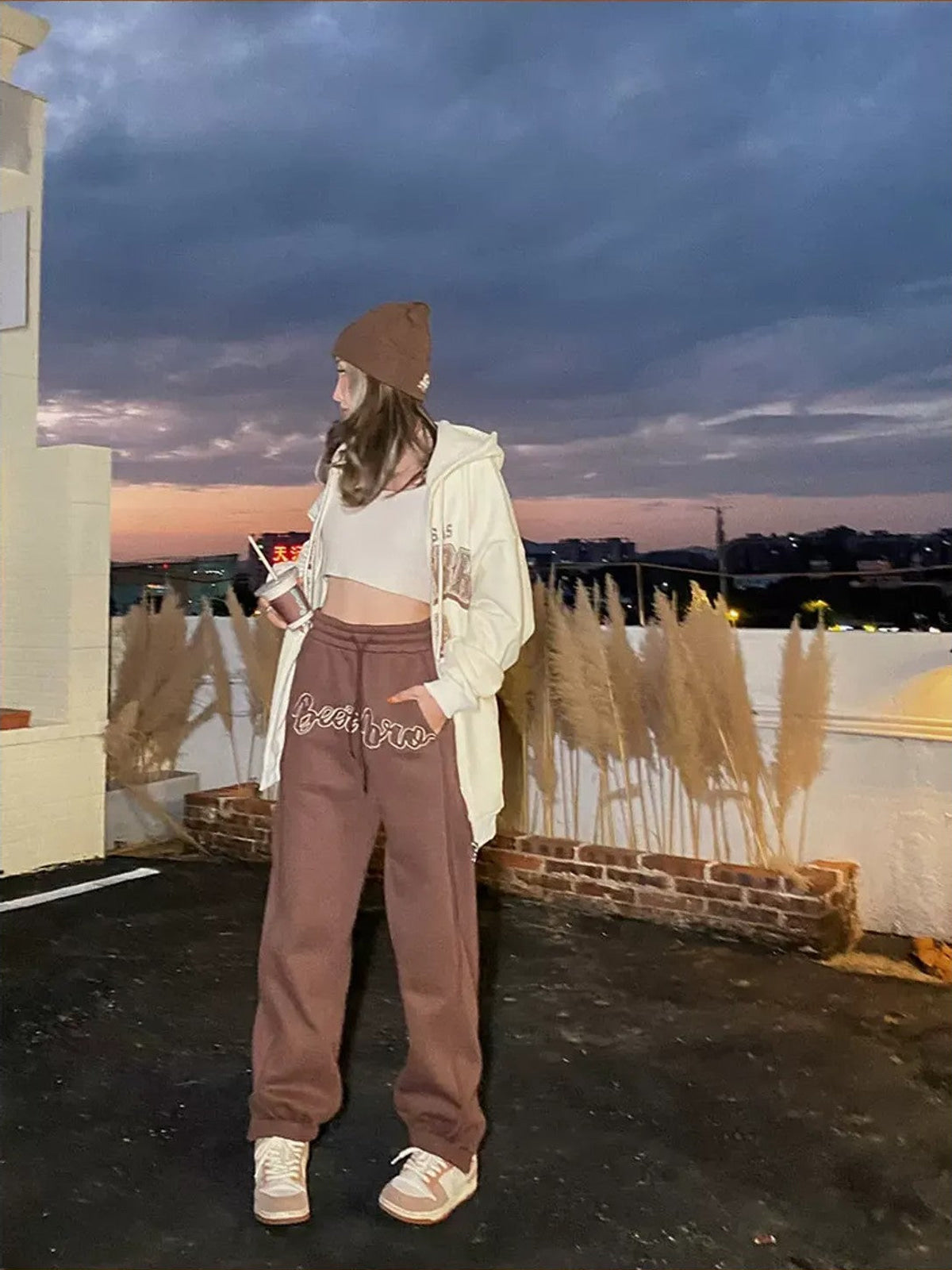 BeerBro Fleece Lined Split Hem Sweatpants in Brown - On Female Model