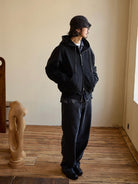 USAGE Vintage Washed Double Layer Zip Hoodie in Black - On Male Model