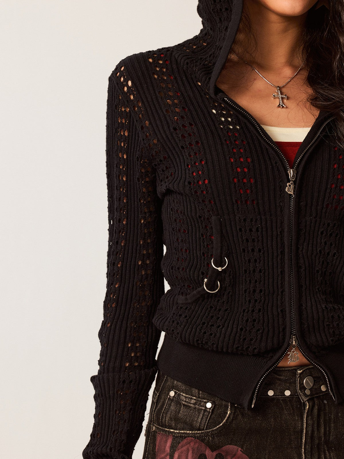 BEERBRO Devil Horn Open Knit Cardigan in Black - On Female Model