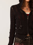 BEERBRO Devil Horn Open Knit Cardigan in Black - On Female Model