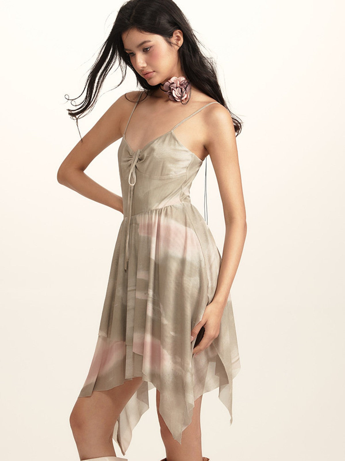 BEERBRO Tie Dye Mesh Ruched Cami Dress in Mint - On Female Model