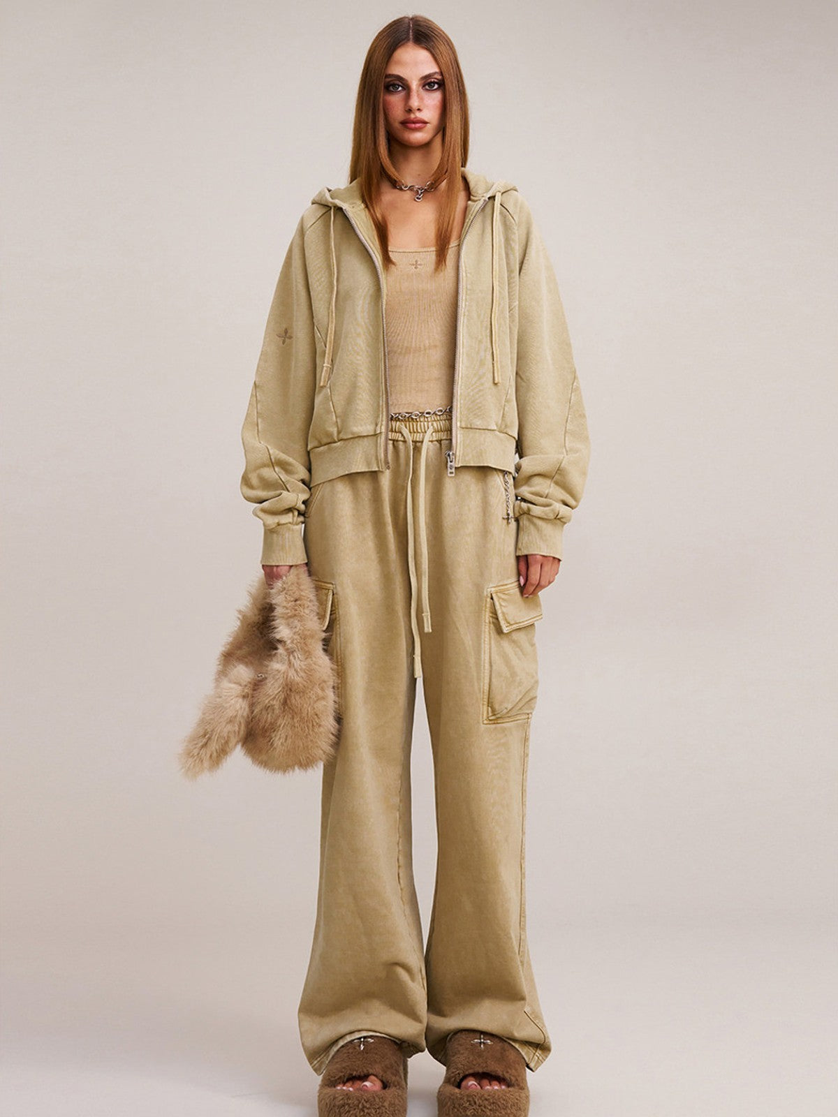 SMFK Garment Dyed Cotton Zip Up Hoodie in Beige - On Female Model