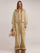 SMFK Garment Dyed Cotton Zip Up Hoodie in Beige - On Female Model