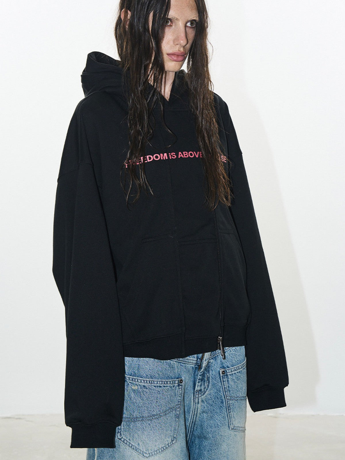 BLINDNOPLAN Faux Double Layer Paneled Hoodie in Black - On Model