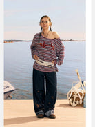 BeerBro Striped Off Shoulder Long Sleeve Tee in Red - On Female Model