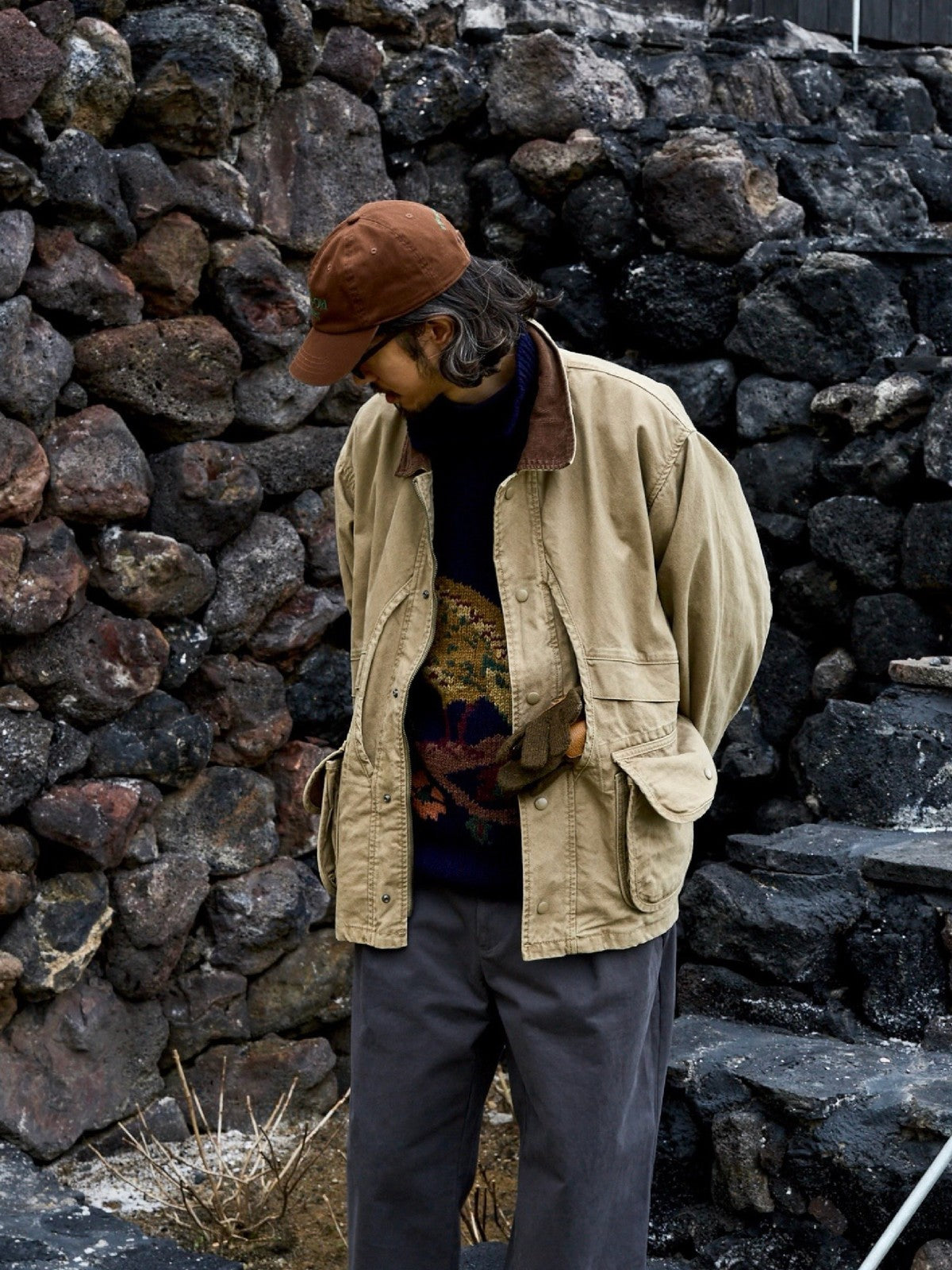 USAGE Heavyweight Cotton Canvas Barn Jacket in Beige - On Male Model