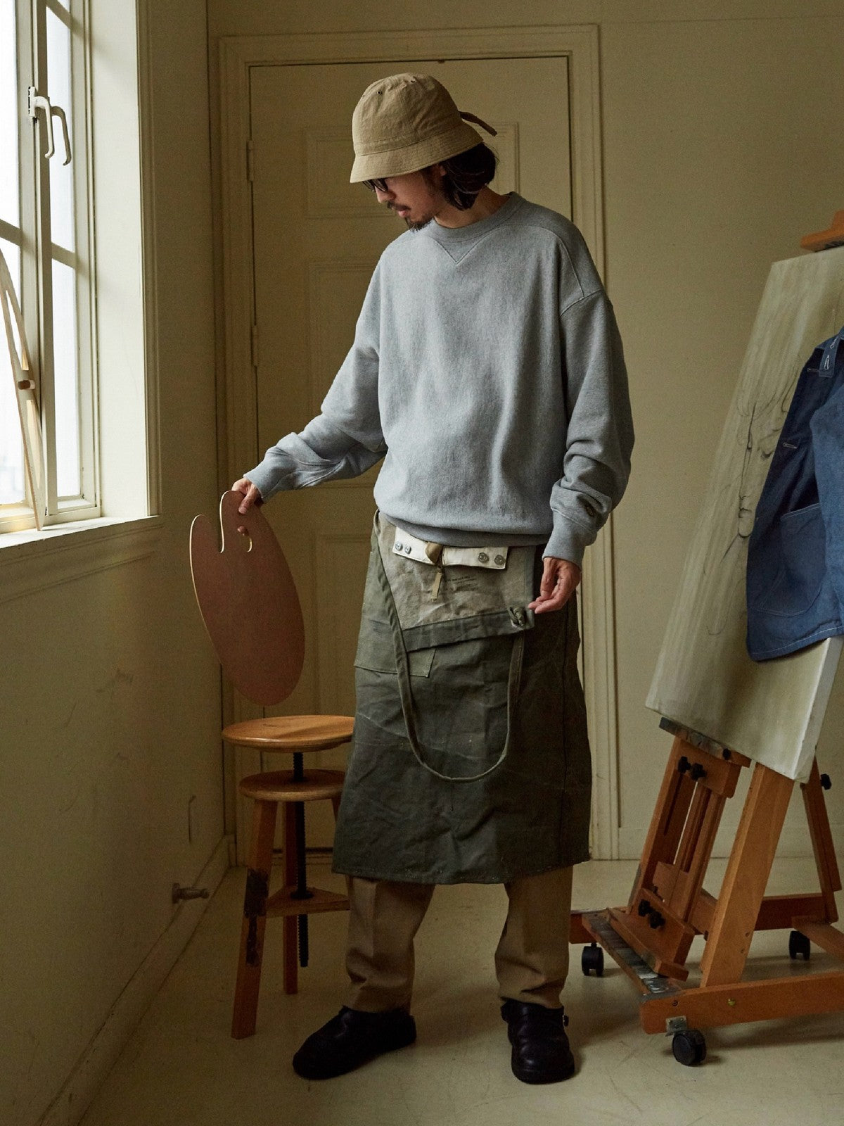 USAGE Reversible Cotton Crewneck Sweatshirt in Heather Gray - On Male Model