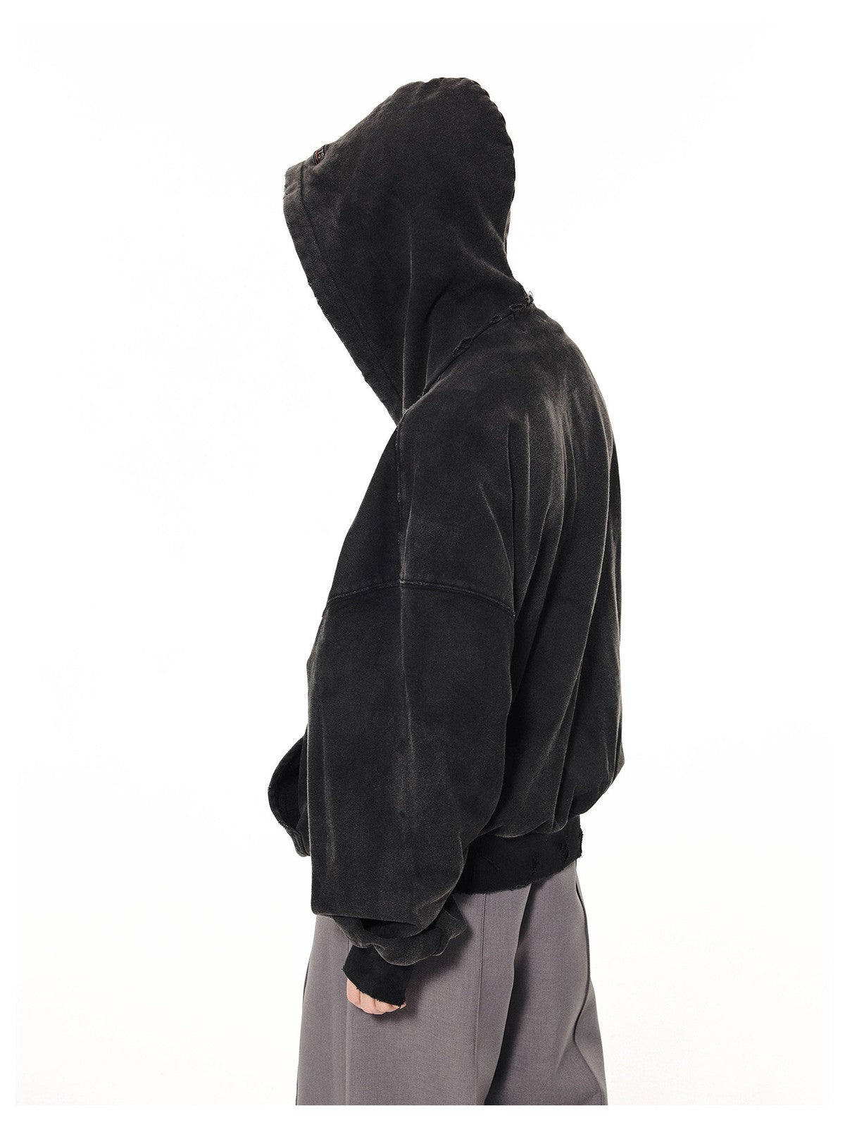 UNKNOWNWORLD Mud Dyed Zip Up Hoodie in Black - On Model