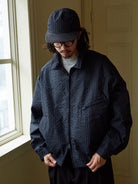 USAGE Jacquard Check Harrington Jacket in Navy Blue - On Male Model