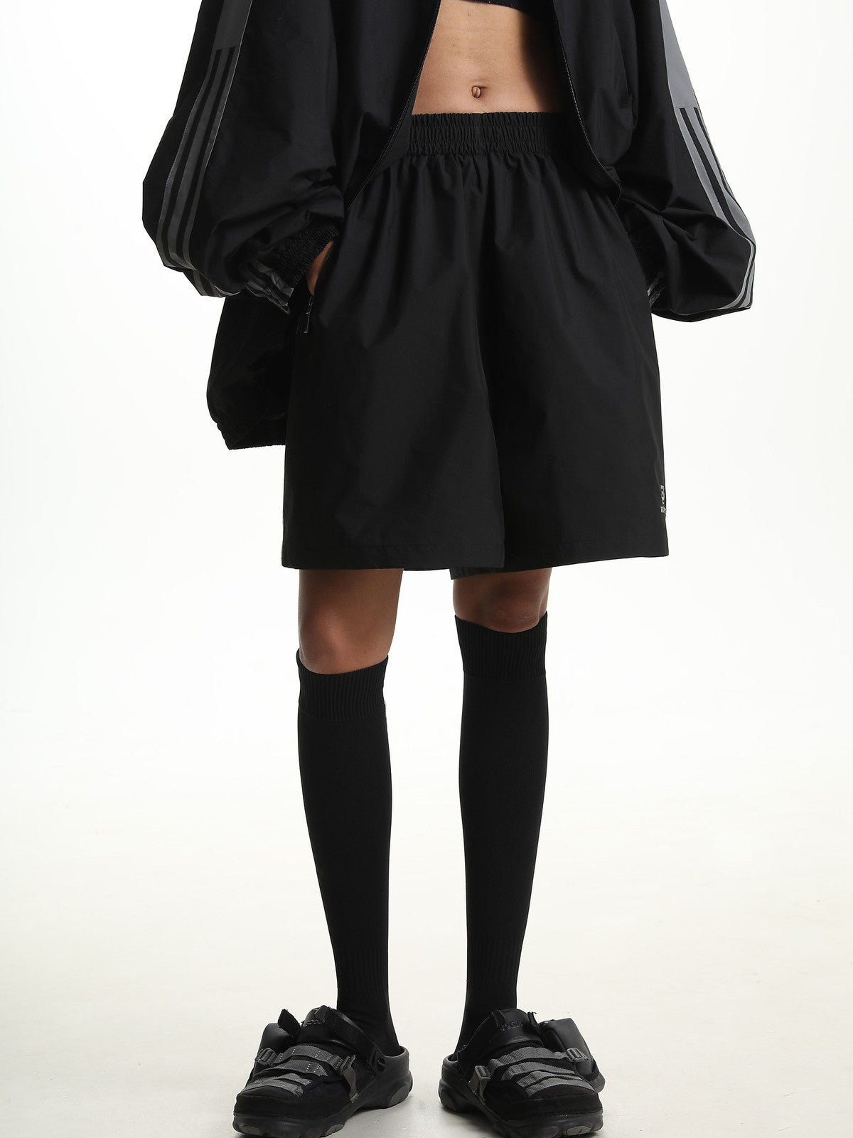 MASONPRINCE Striped Cotton Blend Track Shorts in Black - On Model