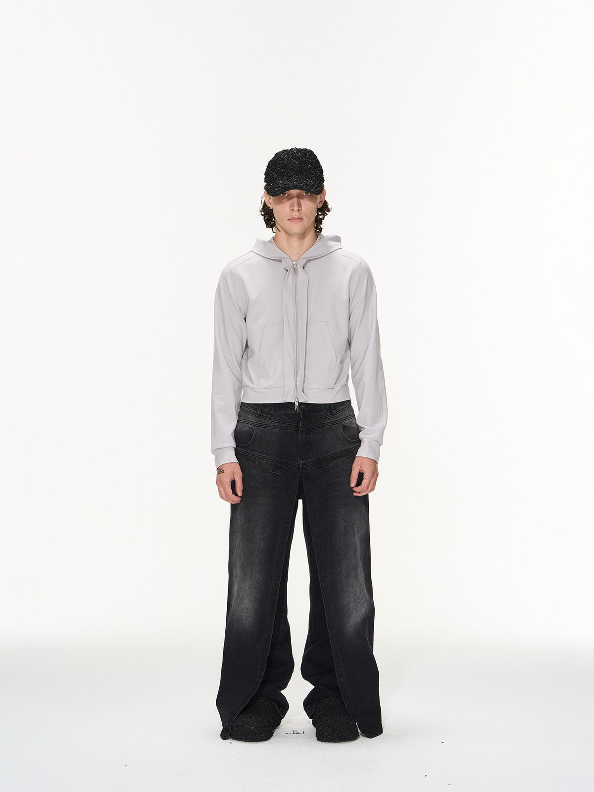 BLINDNOPLAN Cropped Zip Up Hoodie with Structured Trim in Gray - On Male Model