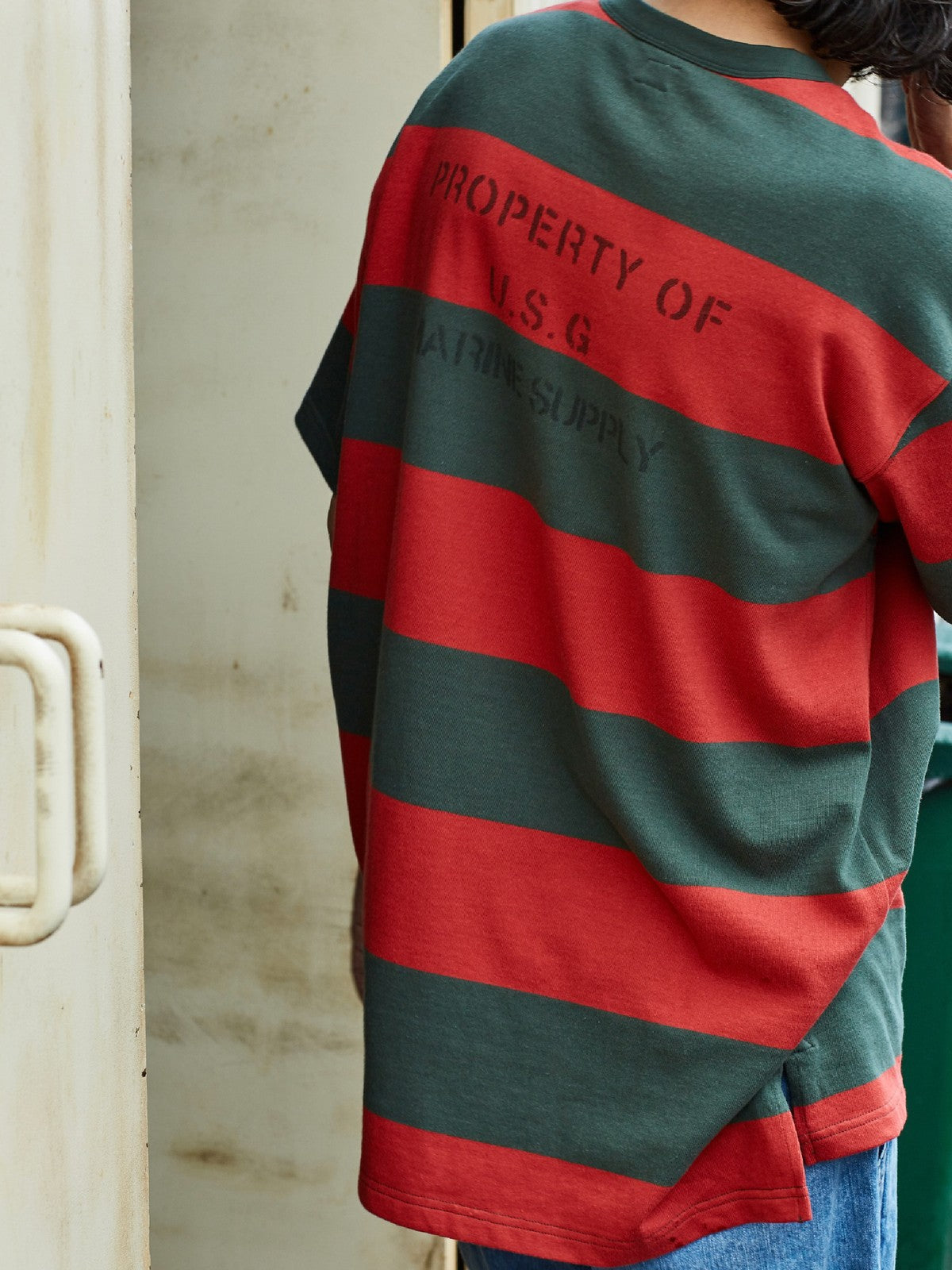 USAGE Wide Striped Cotton Pocket T Shirt in Green - On Model