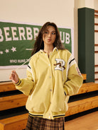 BEERBRO Detachable Hood Varsity Jacket in Yellow - On Female Model
