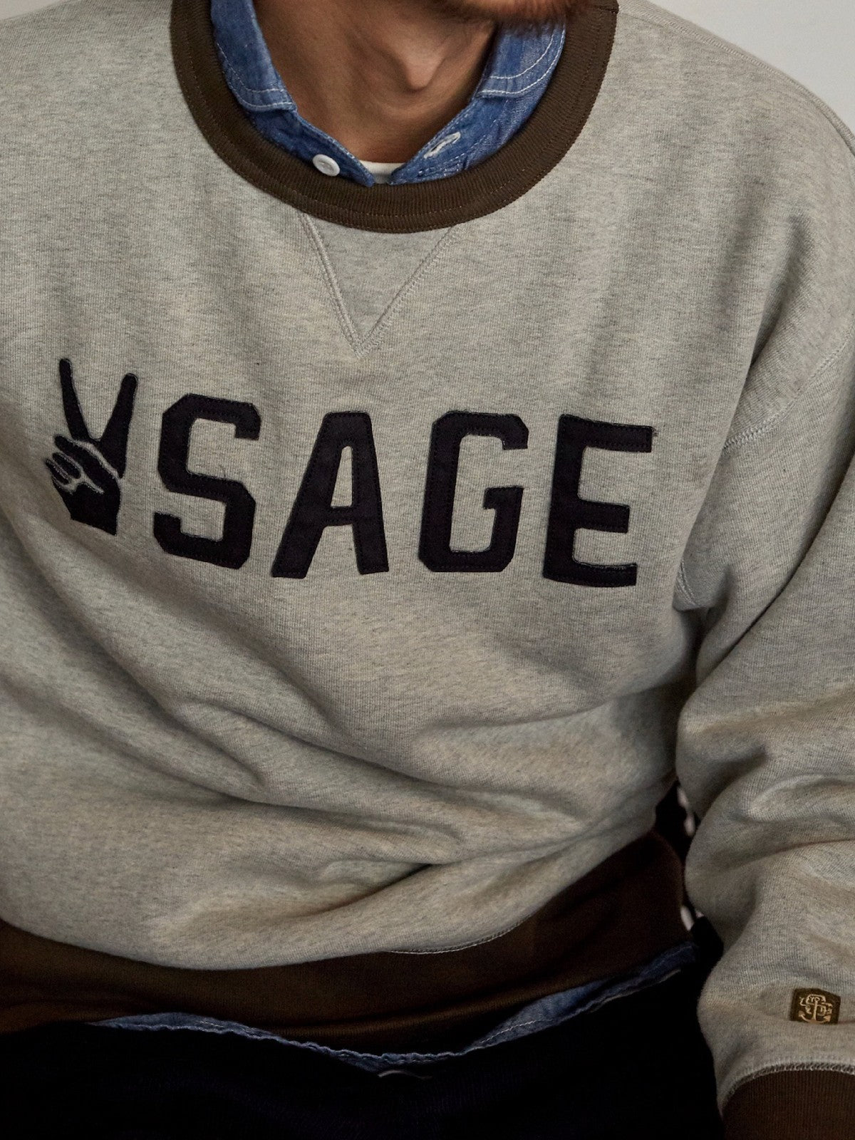 USAGE Graphic Two Tone Cotton Sweatshirt in Gray - On Male Model