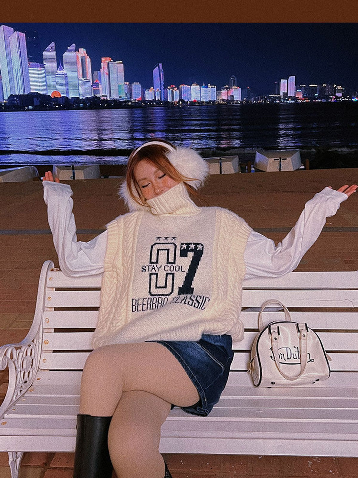 BEERBRO Graphic Cable Knit Turtleneck Vest in Beige - On Female Model