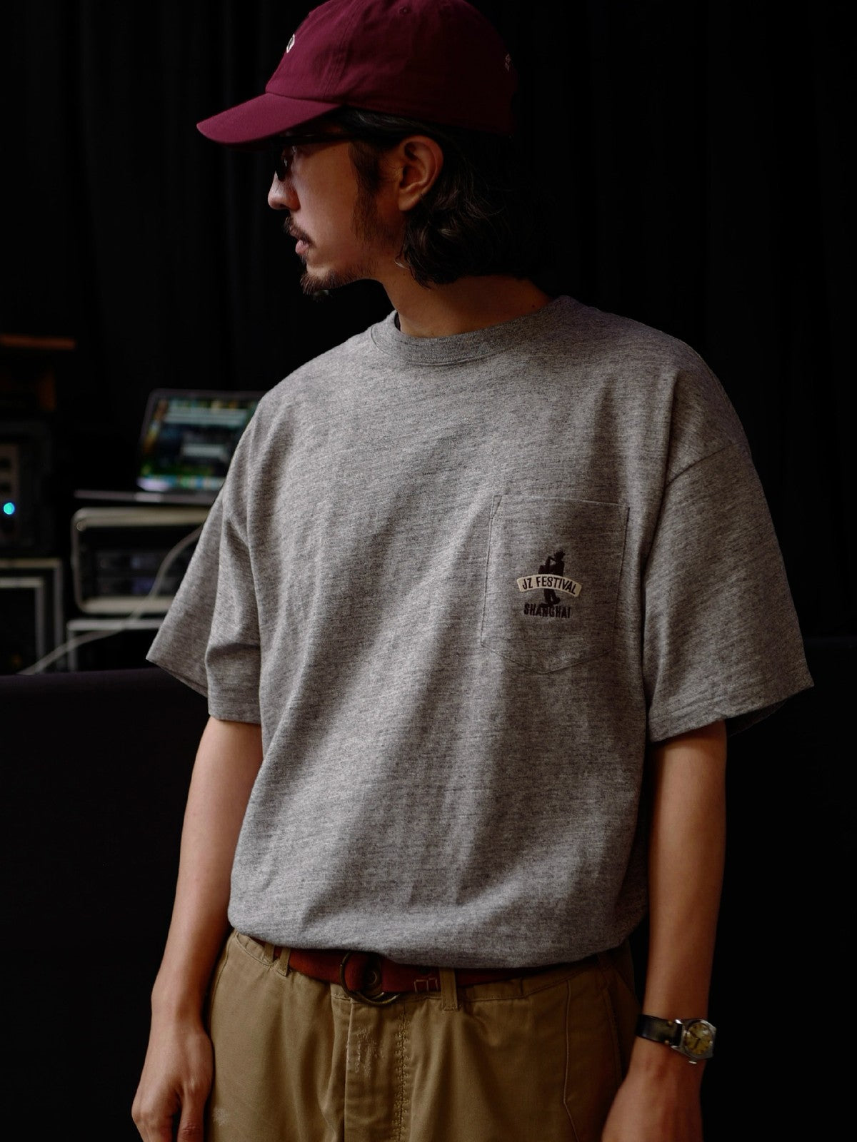 USAGE JZ Festival Graphic Cotton T Shirt in Gray - On Male Model