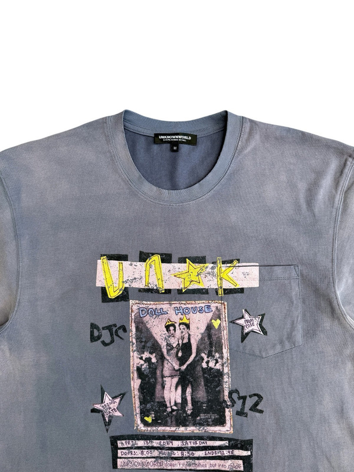 UNKNOWNWORLD Sun Faded Distressed Graphic T Shirt in Denim - Detail