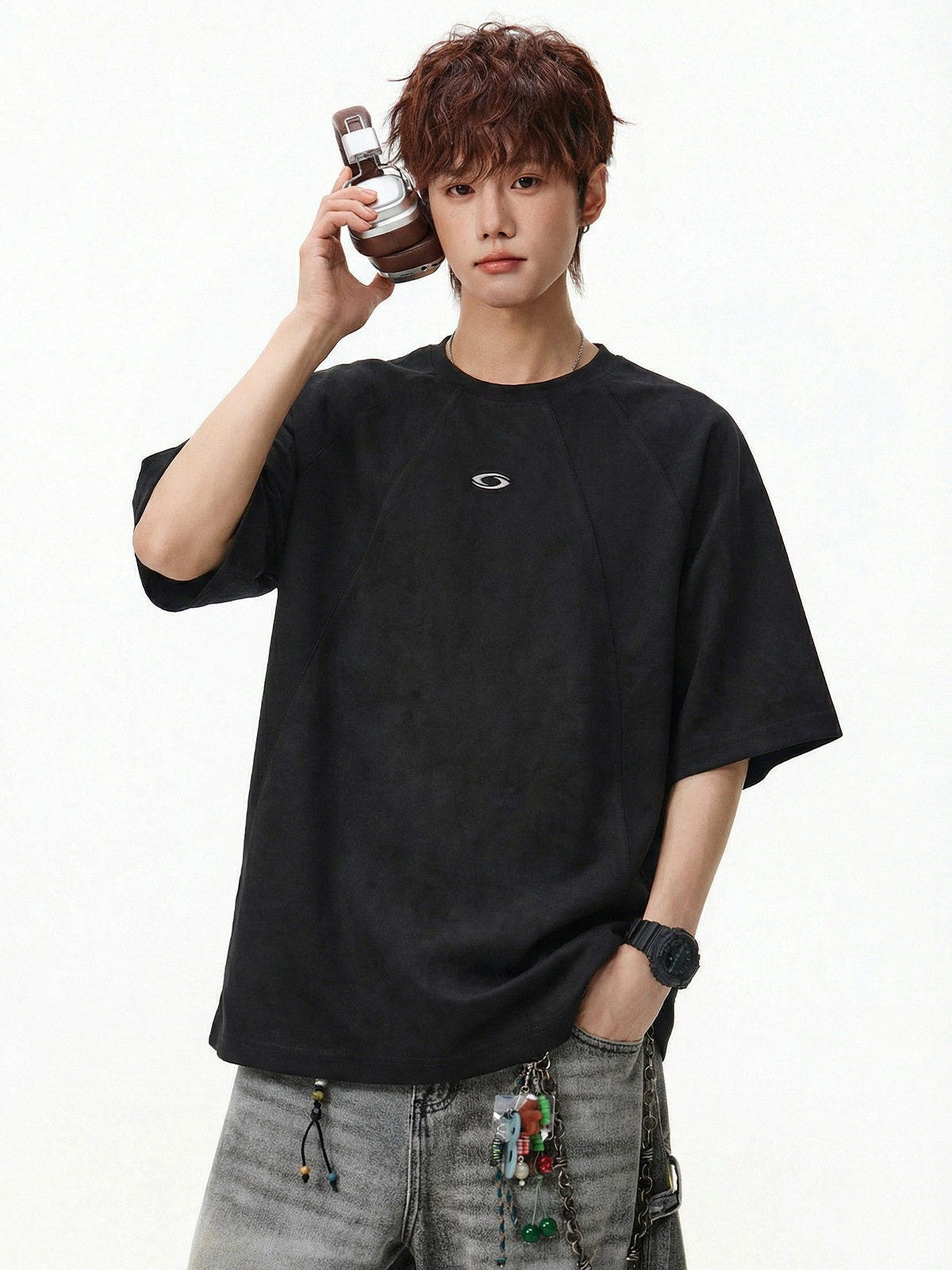 MASONPRINCE Faux Suede Embroidered T Shirt in Black - On Male Model