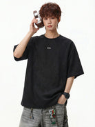 MASONPRINCE Faux Suede Embroidered T Shirt in Black - On Male Model