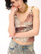 BEERBRO Beaded Strap Printed Camisole in Khaki - On Female Model