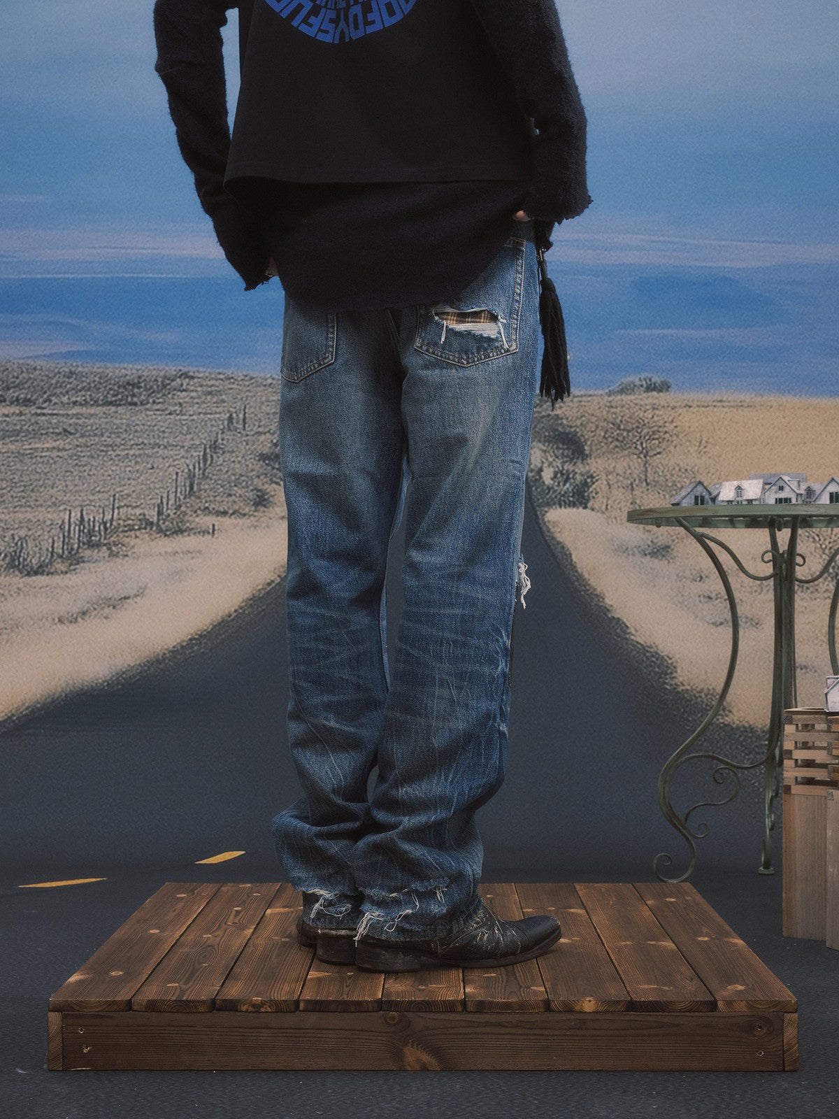 SOD Distressed Patchwork Jeans in Blue - On Model