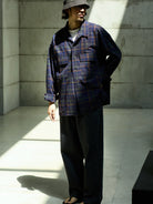USAGE Washed Crinkle Plaid Open Collar Shirt in Navy Blue - On Male Model