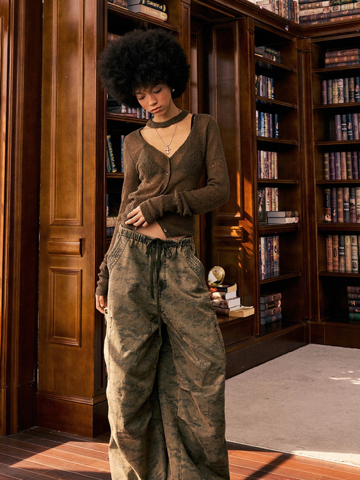 BEERBRO Washed Camo Parachute Cargo Pants in Olive - On Female Model